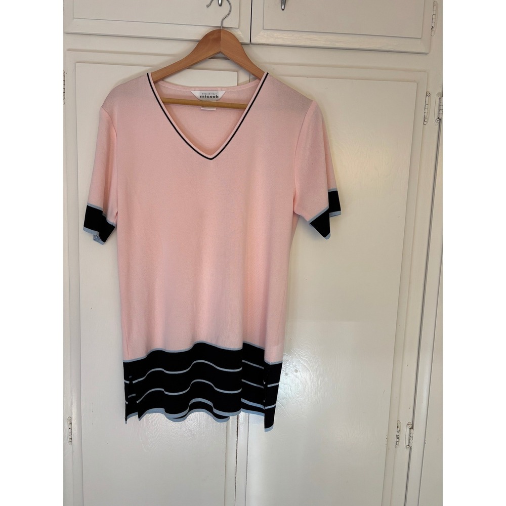 Misook Womens Pink Knit V-Neck Short Sleeve Striped Hem Top Size L